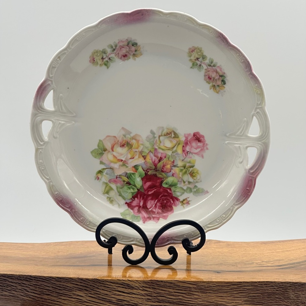 Antique German Porcelain Rose Cake Plate Pierced Handles Scalloped Edge Germany